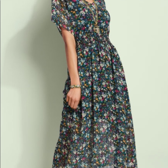 CAbi Dresses & Skirts - CAbi Navy Floral Midi Dress with Multicolor Blossoms